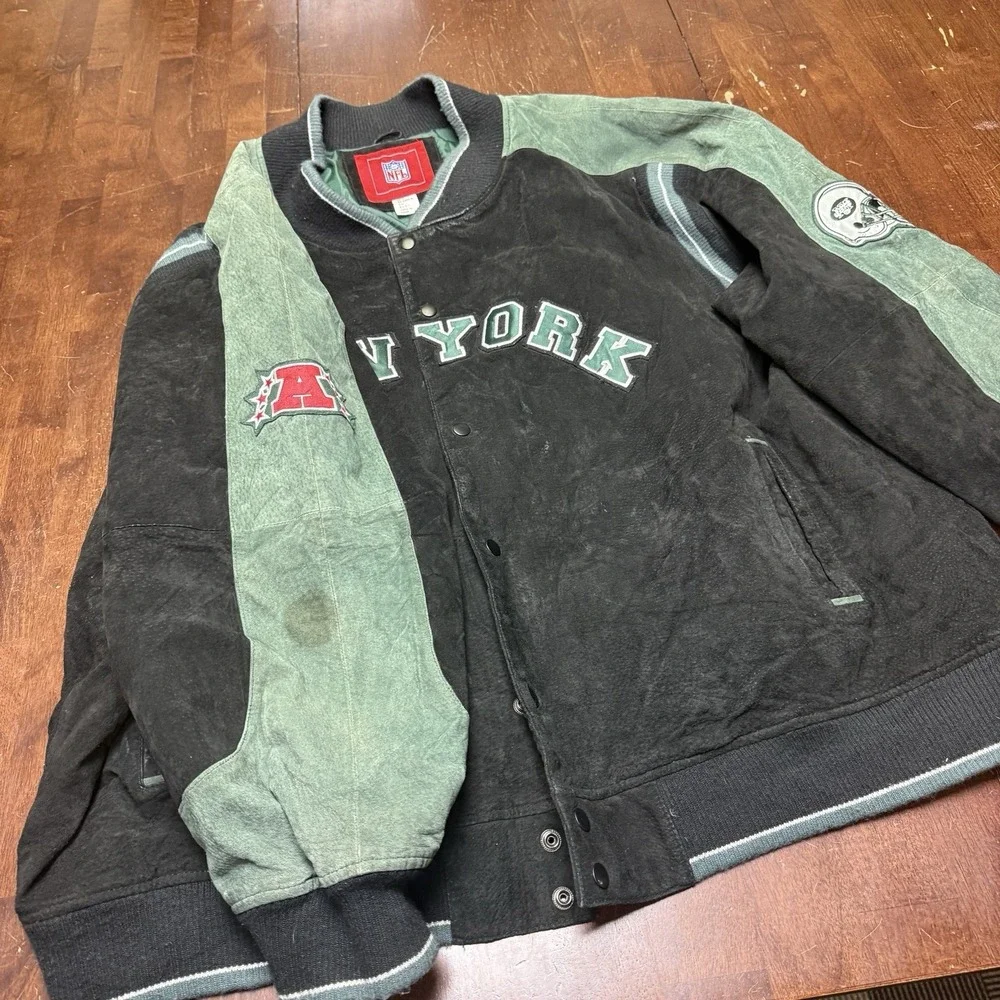 Vintage 90s Y2k New York Jets NFL Suede Varsity Bomber‎ Jacket size 5XL
